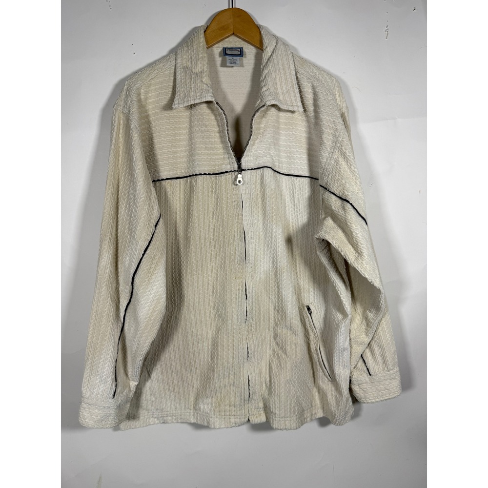 Vintage No Fear Men XL Cream Textured Corduroy Full Zip Jacket Black Piping